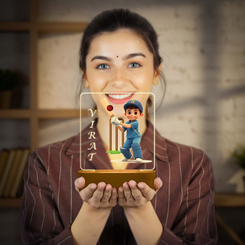 Personalized Cricket Theme LED Night Lamp with Warm White Light & Wooden Stand Gift for Cricket Lover, Boys & Girls Birthday Return Gift Lamp for Sports Fans